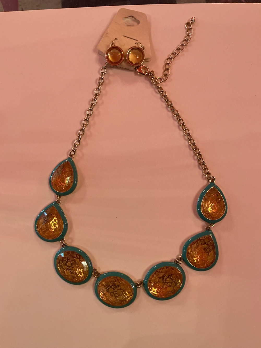 Gold & Teal Teardrop Statement Necklace